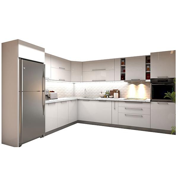 Set Bucatarie CHARM 02 colt 352x257cm - Fronturi: MDF Lucios Alb - Blat: Andromeda