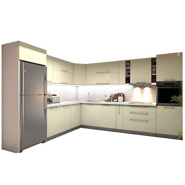 Set Bucatarie CHARM 02 colt 352x257cm - Fronturi: MDF Lucios Crem - Blat: Andromeda