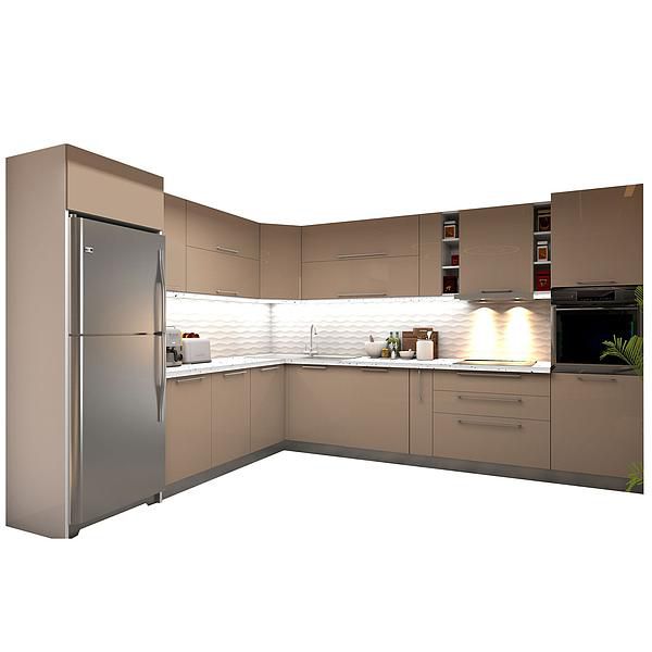 Set Bucatarie CHARM 02 colt 352x257cm - Fronturi: MDF Lucios Capucino - Blat: Andromeda