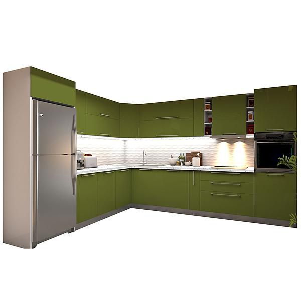 Set Bucatarie CHARM 02 colt 352x257cm - Fronturi: MDF Lucios Verde - Blat: Andromeda