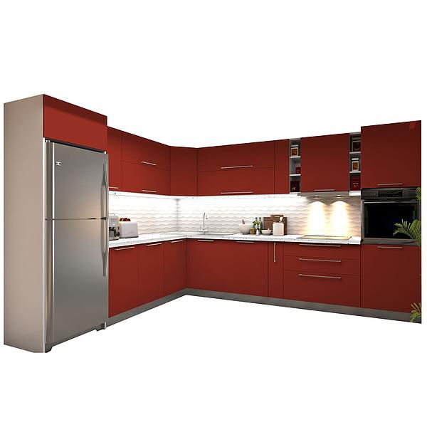 Set Bucatarie CHARM 02 colt 352x257cm - Fronturi: PAL Rosu Ceramic - Blat: Andromeda