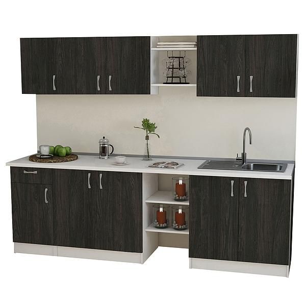 Set Bucatarie START 01 240cm - Fronturi: PAL Lemn Antracit 04 - Blat: Alb Perlat - Manere: Satin