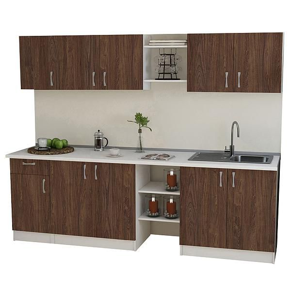 Set Bucatarie START 01 240cm - Fronturi: PAL Lemn Antichizat 04 - Blat: Alb Perlat - Manere: Satin