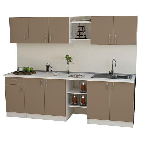 Set Bucatarie START 01 240cm - Fronturi: PAL Capucino 04 - Blat: Alb Perlat - Manere: Satin