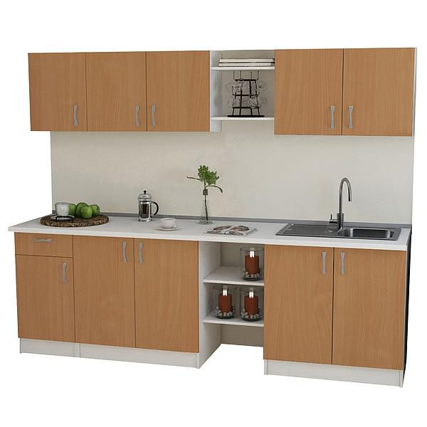 Set Bucatarie START 01 240cm - Fronturi: PAL Fag 04 - Blat: Alb Perlat - Manere: Satin