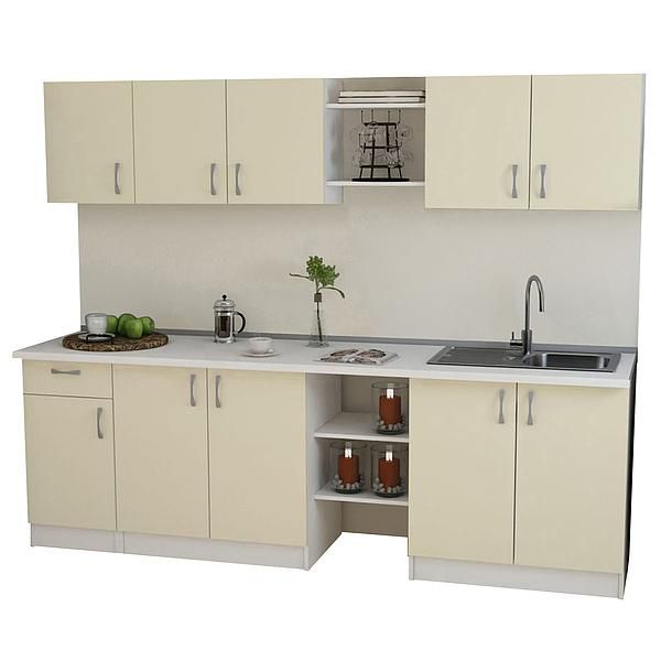 Set Bucatarie START 01 240cm - Fronturi: PAL Migdala 04 - Blat: Alb Perlat - Manere: Satin