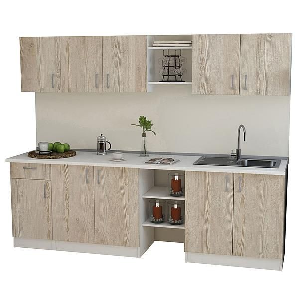 Set Bucatarie START 01 240cm - Fronturi: PAL Pin Crem 04 - Blat: Alb Perlat - Manere: Satin