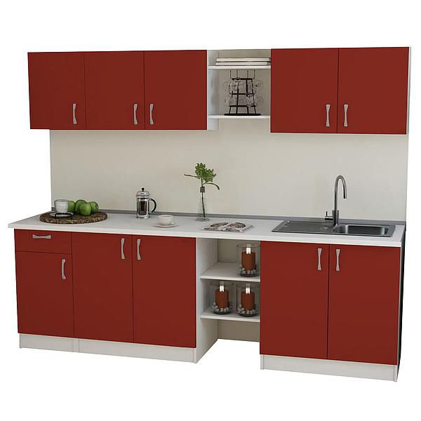 Set Bucatarie START 01 240cm - Fronturi: PAL Rosu Ceramic - Blat: Alb Perlat - Manere: Satin