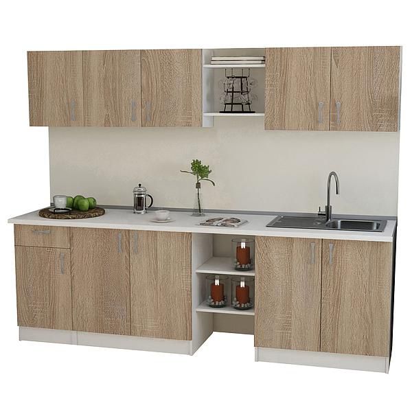 Set Bucatarie START 01 240cm - Fronturi: PAL Sonoma 04 - Blat: Alb Perlat - Manere: Satin