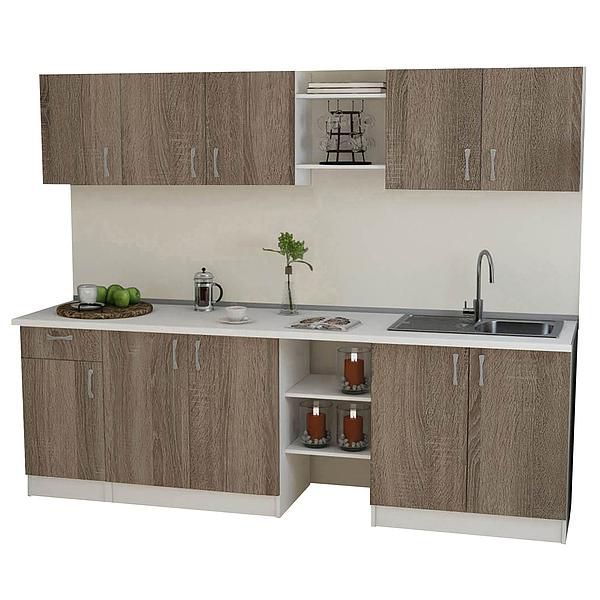 Set Bucatarie START 01 240cm - Fronturi: PAL Sonoma Tabac - Blat: Alb Perlat - Manere: Satin