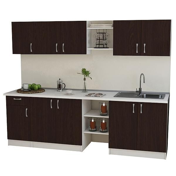 Set Bucatarie START 01 240cm - Fronturi: PAL Wenge - Blat: Alb Perlat - Manere: Satin