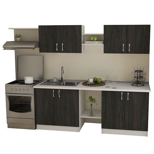 Set Bucatarie START 02 260cm - Fronturi: PAL Lemn Antracit 04 - Blat: Alb Perlat - Manere: Satin