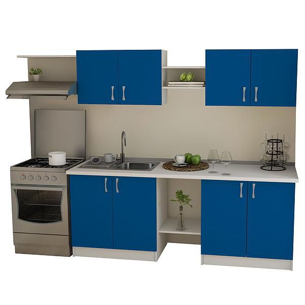 Set Bucatarie START 02 260cm - Fronturi: PAL Albastru Royal - Blat: Alb Perlat - Manere: Satin