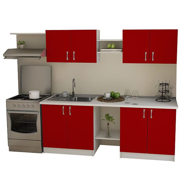 Set Bucatarie START 02 260cm - Fronturi: PAL Rosu Chili 04 - Blat: Alb Perlat - Manere: Satin