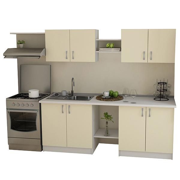 Set Bucatarie START 02 260cm - Fronturi: PAL Migdala 04 - Blat: Alb Perlat - Manere: Satin