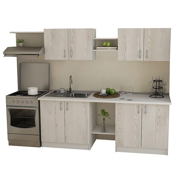 Set Bucatarie START 02 260cm - Fronturi: PAL Pin Alb 04 - Blat: Alb Perlat - Manere: Satin