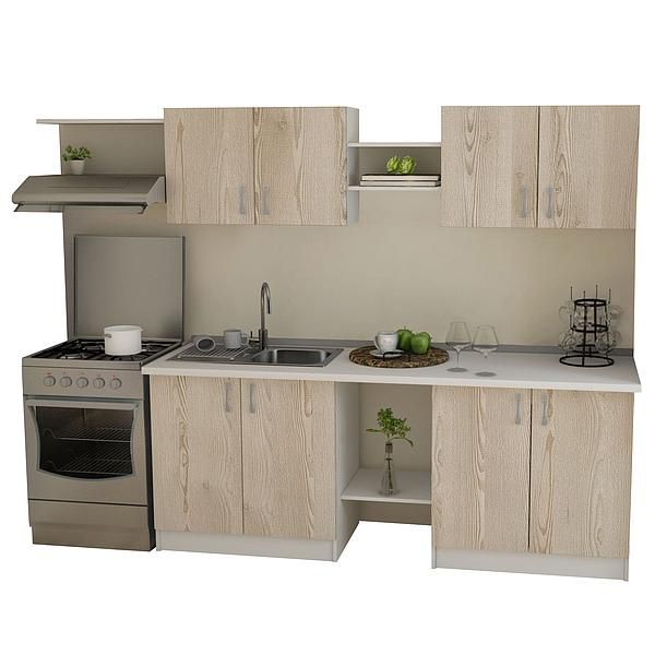 Set Bucatarie START 02 260cm - Fronturi: PAL Pin Crem 04 - Blat: Alb Perlat - Manere: Satin