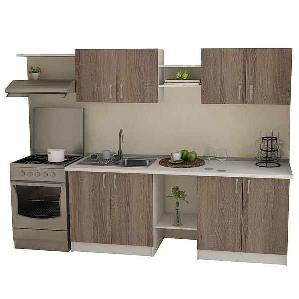 Set Bucatarie START 02 260cm - Fronturi: PAL Sonoma Tabac - Blat: Alb Perlat - Manere: Satin