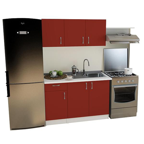 Set Bucatarie START 03 120cm - Fronturi: PAL Rosu Ceramic - Blat: Alb Perlat - Manere: Satin