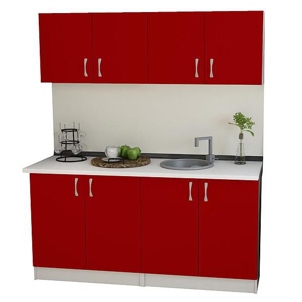 Set Bucatarie START 04 160cm - Fronturi: PAL Rosu Chili 04 - Blat: Alb Perlat - Manere: Satin