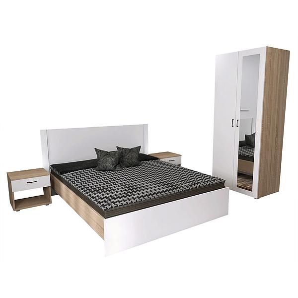 Set Dormitor JUMBO 04, pat 160x200, noptiere, dulap cu oglinda - Carcasa: PAL Sonoma - Fete: PAL Alb 1 - Tablie: Netapitata