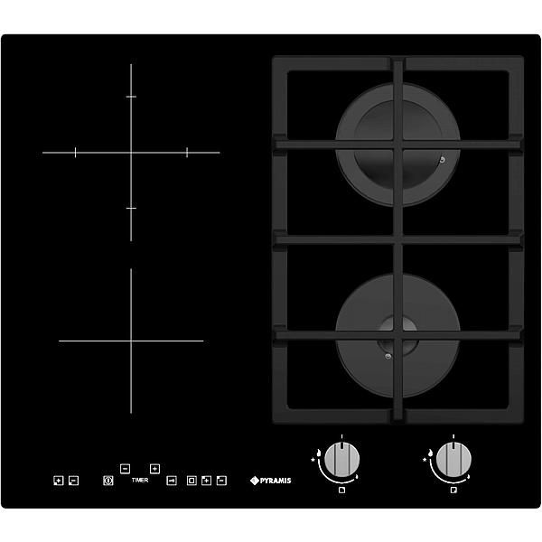 Plita Mixta Pyramis 2+2 Gaz & Vitroceramica,58x51cm, timer, touch control, aprindere automata, gratare fonta, sticla neagra